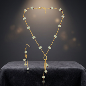 Parure de bijoux en laiton italien plaqué rhodium sur mesure, avec perles cannelées en quartz vert, collier Y et boucles d'oreilles pendantes à pampilles, pour soirée - Product Image 5