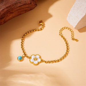 Fashion Charm Bracelet Gold Plated Zinc Alloy Flower Design Blue Turquoise Pendant Women's Jewelry Gift - Product Image 3