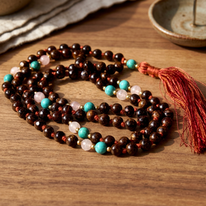 Collar de cuentas Mala de bronzita para hombre, 108 cuentas de turquesa africana y cuarzo rosa, atado a mano, para meditación y yoga - Product Image 3