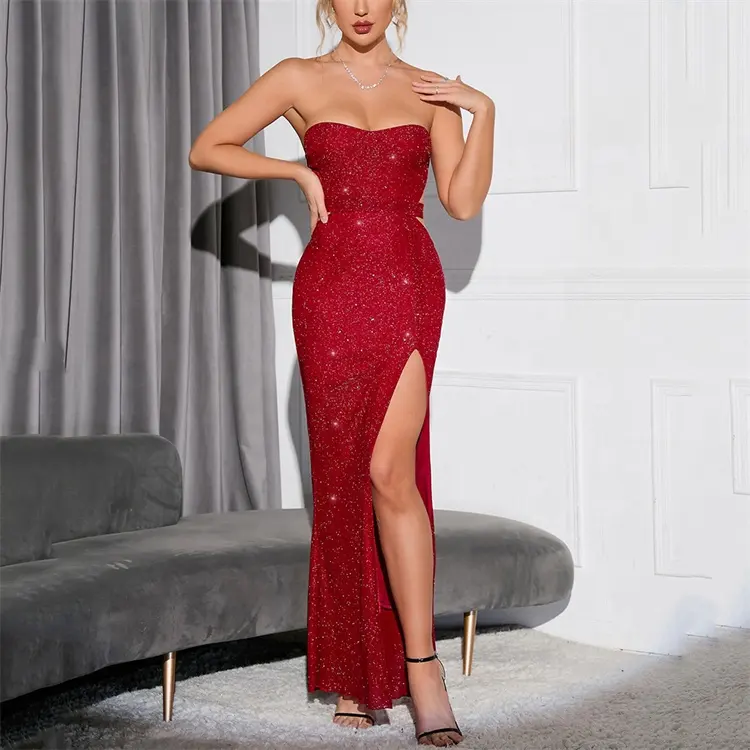 Red Off-Ombro Backless Vestido de Paetês Jantar Vestidos De Mulheres De Longo Sexy Alta Dividir Vestido Elegante