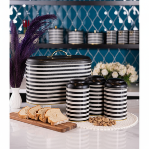4 Pcs Round Tin <b>Box</b> Kitchen <b>Set</b> Dome Lid Black and White Line Pattern Line Design - Product Image 3