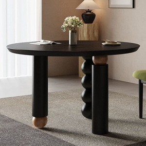 Solid Wood Rectangle Dining <b>Table</b> <b>Matte</b> Black Cylindrical Carving Stable Combination Dining Room Furniture - Product Image 1