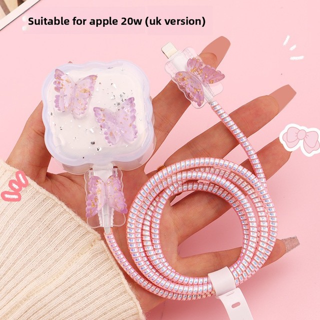 Butterfly Animal-shaped Charging Cable Protector Compatible with iPhone with 20W UK Plug Socket Charger Cable Silicone Protector