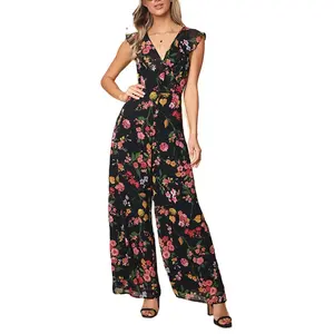 Custom Wholesale summer Black Floral Print sleeveless V-neck Ruffled Overall women one piece Jumpsuit 2023