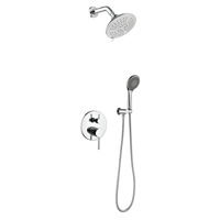 Ensemble de douche encastré 2-en-1 chromé avec pommeau de pluie rond, bras courbé, robinet dissimulé et douchette multifonction