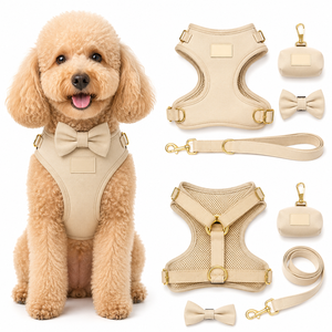 Arnés Acolchado de Malla Beige para Perro con Lazo, Porta Bolsas para Excrementos, Chaleco Ajustable para Mascotas, Kit de Correa para Paseo para Cachorros Pequeños y Medianos - Product Image 1