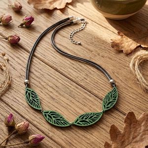 Dark Leather Cord Choker Four Hollow Cutout Green Leaf Pendant Silver Bead Women Nature Boho Neck Jewelry - Product Image 4