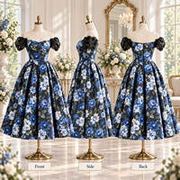 Robe midi personnalisée pour femme en satin à imprimé floral, avec corset, épaules dénudées, manches bouffantes et jupe ample, idéale pour les occasions