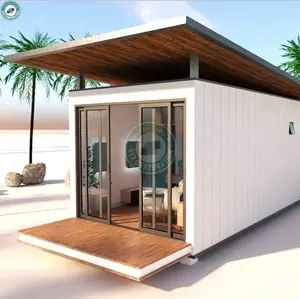 白色PVC包覆模块化集装箱现代小型家庭海滩休闲预制房屋带斜坡屋顶小屋度假