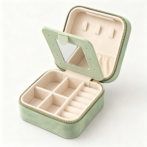 Hotsale Vintage Eco-friendly Square Velvet Zipper Jewelry <b>Box</b> Built-in Mirror Multi Compartment Portable Travel Carton Packaging - Product Image 1