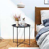 Table d'appoint ronde noire avec plateau pliable en métal et verre, petite table basse pliable pour canapé, couleur cyan