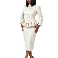 Ensemble deux pièces jupe et haut à col montant et taille froncée D646 – Tenue de bureau élégante pour femme, costume professionnel à manches longues
