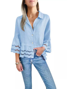 Blusa de Encaje Tejido para Mujer, Estilo Europeo Americano, Corte Holgado Informal, Primavera-Verano, con Mangas Acampanadas <span class=keywords><strong>y</strong></span> Logotipo Frontal - Product Image 3
