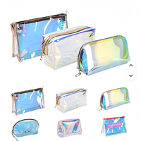 Pochette cosmétique zippée en gros, sac de voyage étanche pour pinceaux de maquillage, sacs cosmétiques transparents holographiques en PVC avec logo personnalisé pour femmes