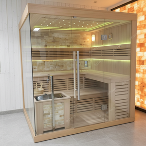 Sauna extérieur moderne en bois pour villa avec bande lumineuse <span class=keywords><strong>LED</strong></span> multicolore, structure en fer et panneau de commande de chauffage infrarouge lointain - Product Image 3