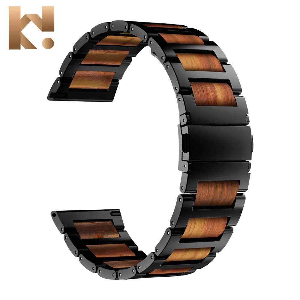 KeepWin Waterproof Wooden Metal Stainless Steel Watch Band Wood Smart Watch Steel Belt Strap Band for Samsung