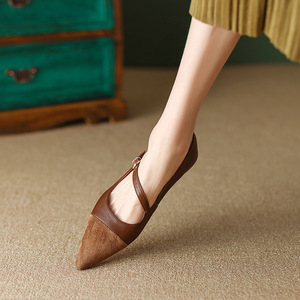 Zapatos individuales puntiagudos marrones Vintage para mujer, cucharón de boca plana y poco profunda, planos franceses con palabra - Product Image 2