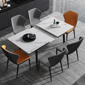 Retractable Rectangular Sintered Stone <b>Dining</b> <b>Table</b> Extendable Marble Top Black Tapered Metal Legs 4-6 Seater For Restaurant - Product Image 1