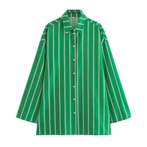 Camisa verde a rayas de manga larga para mujer, camisa elegante e informal con solapa de perfil grande 2023