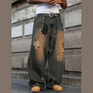 DiZNEW 2025 <span class=keywords><strong>Jeans</strong></span> Masculino Estilo Retrô Streetwear com Efeito Desgastado e Recortes, Moderno e Versátil - Disponível em Tamanhos Grandes, Baixo MOQ - Product Image 1