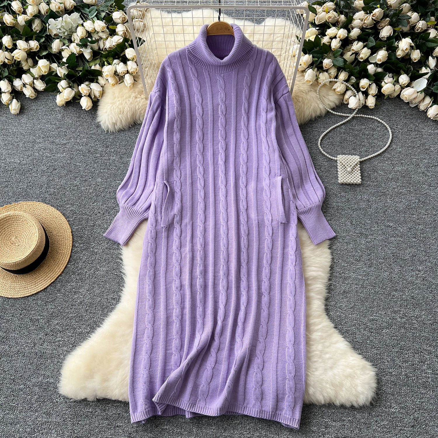 Fall Basics Turtleneck Slim Knit for Women Empire Shift Lace Dress