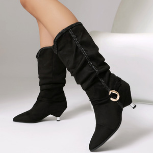 Botines de mezclilla con efecto flocado y plisado, cierre de cremallera, tacón bajo de aguja, estilo retro para mujer, botines cortos de punta. - Product Image 5