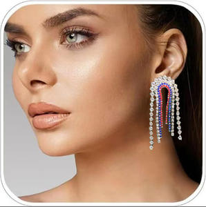 大きな独立记念日女性マルチカラー長いタッセルイヤリングレッドホワイトブルーラインストーン旗イヤリング - Product Image 6