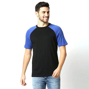 เสื้อยืดคอกลมแขนเสื้อแบบเรแกล ผ้าฝ้าย 100% คุณภาพพรีเมียม ลายเรียบ สีผสมน้ำเงินและดำ ทรงหลวมสำหรับผู้ชาย - Product Image 1