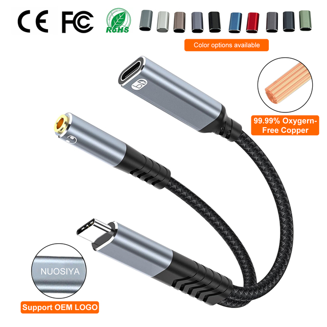 Factory USB C to 3.5mm Headphone Charger Adapter 2 in 1 USB-C to USB-C Aux Audio Jack With PD 60W Fast Charging Dongle Cable