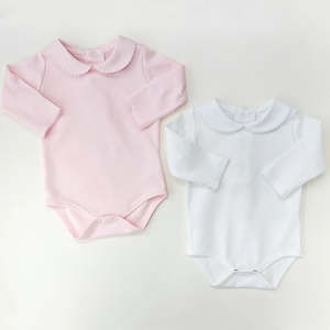 Monogram Blank Roze En Witte Peter Pan Kraag Met Picot Versiering <span class=keywords><strong>Baby</strong></span> Onesie Lange Mouw Custom Puur Katoenen <span class=keywords><strong>Baby</strong></span> Bodysuit - Product Image 1