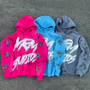 OEM Manufacturer Street Wear Cut Edge Raw Hem Crop <b>Top</b> Pullover Hoodies Custom logo Rhinestone 3d Puff Print Hoodies - Product Image 1
