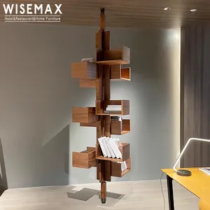 WISEMAX现代客厅橱柜耐用304不锈钢框架带胡桃木可旋转落地书架餐吧
