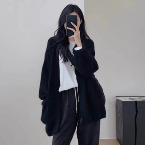Gray Cardigan Sweater Women Autumn Winter 2025 Loose Knit Top Outerwear Solid Color Simple Style - Product Image 4