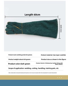 Guantes Protectores de Cuero Vacuno Extra Largos de 60CM, Anti-Mordidas de Mascotas y Anti-Arañazos de Gatos, para Entrenamiento de Perros y Gatos - Product Image 6