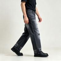 Jean délavé pour homme, coupe droite, effet usé, cinq poches, denim foncé, fabricant OEM personnalisé
