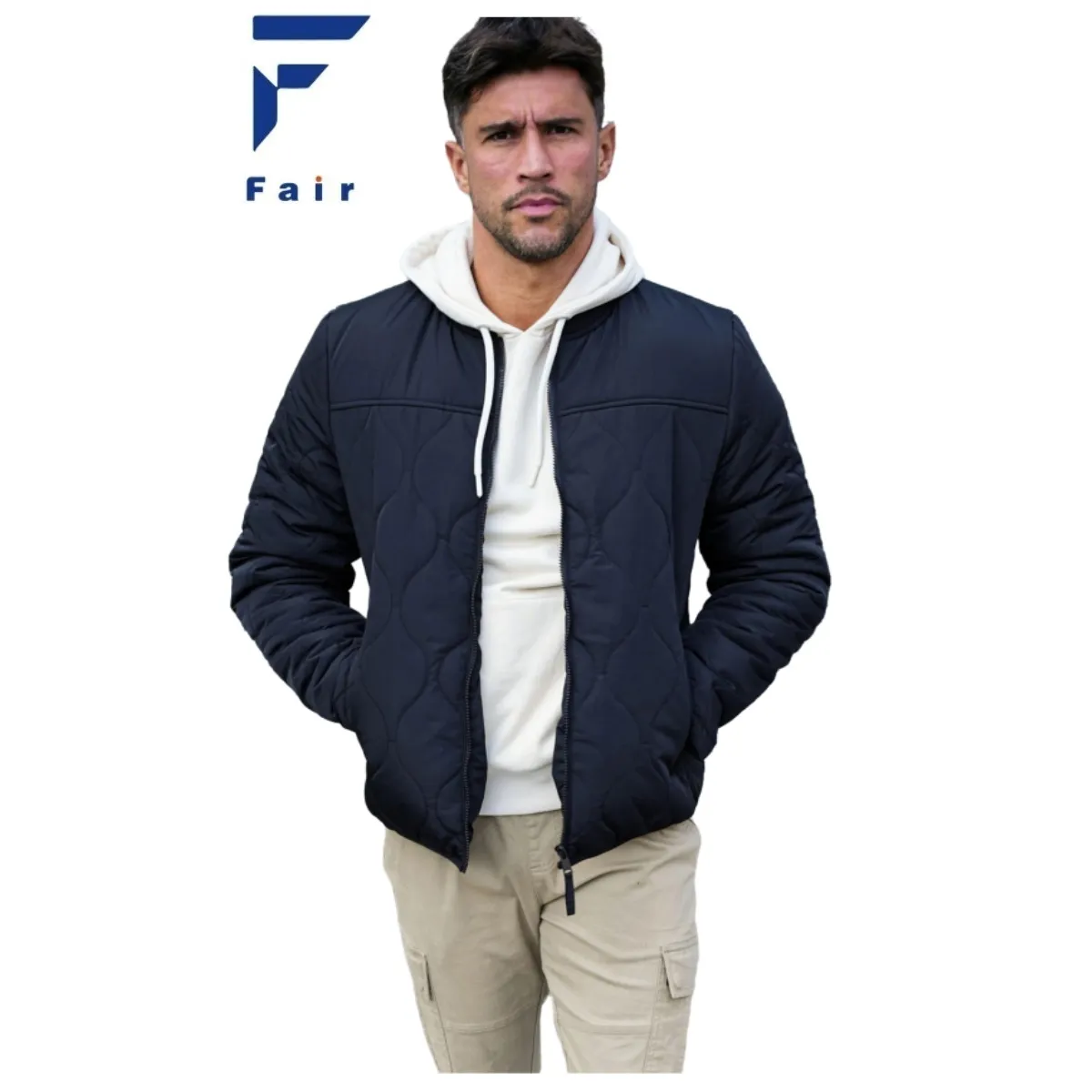 Fashion Custom Men's Ribbed Collar And Full Zip Fastening Quilted Bomber Jacket