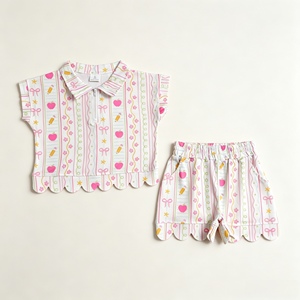 GSSO3582 RTS Ensemble décontracté de yoga à manches courtes et ourlet festonné pour petites filles, imprimé fleurs et crayon de couleur, avec fermeture éclair, vente en gros pour enfants - Product Image 1
