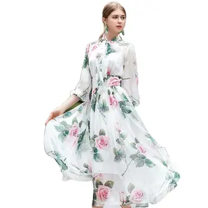 RTS Stocklot primavera estate New Flower Print Bow Neck abiti da vacanza eleganti abiti midi Swing In Chiffon da donna In Stock