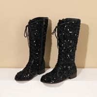 Bottes mi-mollet pour femmes en gros d'usine, automne-hiver 2023, chaussures tendance, paillettes bleues, bout rond, talons bas, bottes pour femmes