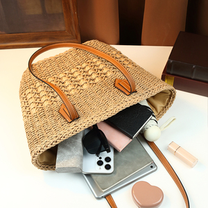 Sac fourre-tout tissé rétro français de luxe 2026 pour femme, panier en paille vintage grande capacité, sac à bandoulière fait main pour la plage - Product Image 6