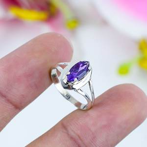 Natural Amethyst Marquise Gemstone Bezel Setting Silver <b>Ring</b> for Women | Handmade <b>Crystal</b>/Rhinestone Statement Wedding Party - Product Image 1