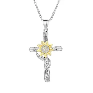 Sonnenblumen kreuz Halskette für Frauen Muttertag geschenk 18 Karat Gold Weißgold plattiert Bienen kreuz Anhänger Halskette Blumen schmuck Geschenke