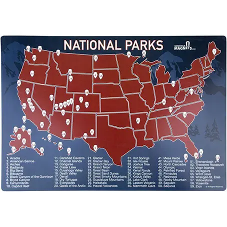 Mapa-múndi de parques nacionais dos eua, geladeira ímã-mapa de viagem do papel de arte dos estados unidos ou placa de marfim para magnético moldura da foto aceitada