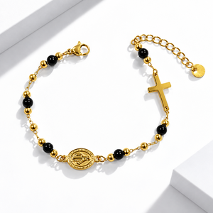 Black Bead Cross <b>Medallion</b> Bracelet , Stainless Steel, 18K <b>Gold</b> Vacuum Plated, 160mm + 40mm - Product Image 1