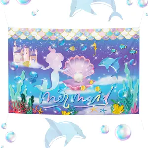 Huancai Mermaid Party Backdrop for Girls Photography Background Under The Sea Castle Pearl Princess Birthday Party Decorations