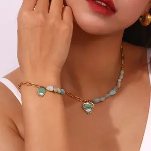 New Design Tianhe Stone Beads Necklace Stainless Steel Plated 18K Gold Blue Eye Heart Pendant Necklace Bracelet Jewelry Set