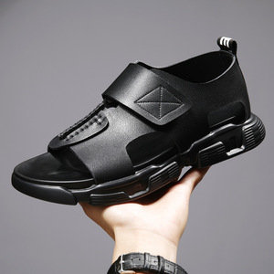 Roman Leather Sandals Men Summer Velcro Closure Black Outdoor <b>Slippers</b> Casual Beach Shoes Youth Style - Product Image 2