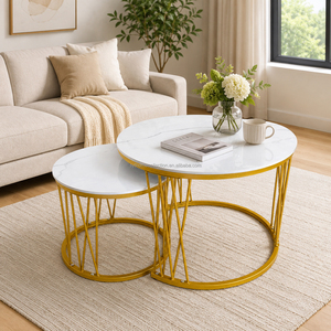 Tavolino da Caffè Moderno di Lusso con Struttura in Metallo Dorato, Piano <span class=keywords><strong>Rotondo</strong></span> in <span class=keywords><strong>Marmo</strong></span> Bianco, Tavolino da 50cm/19.7in e <span class=keywords><strong>Tavolo</strong></span> Principale da 70cm/27.6in - Product Image 1