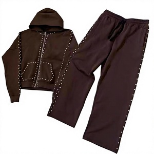 Unisex Brown Tracksuit <b>Hooded</b> Zipper Full Sleeve Rhinestone Decorated Casual Sweatshirt and Pants Set Solid Color Autumn Wear - Product Image 5