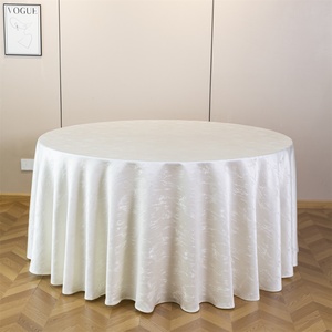 Commercial Ivory 6ft Jacquard Damask Waterproof Eco-Friendly Customizable Polyester <b>Tablecloth</b> for Trade Show Expo - Product Image 1